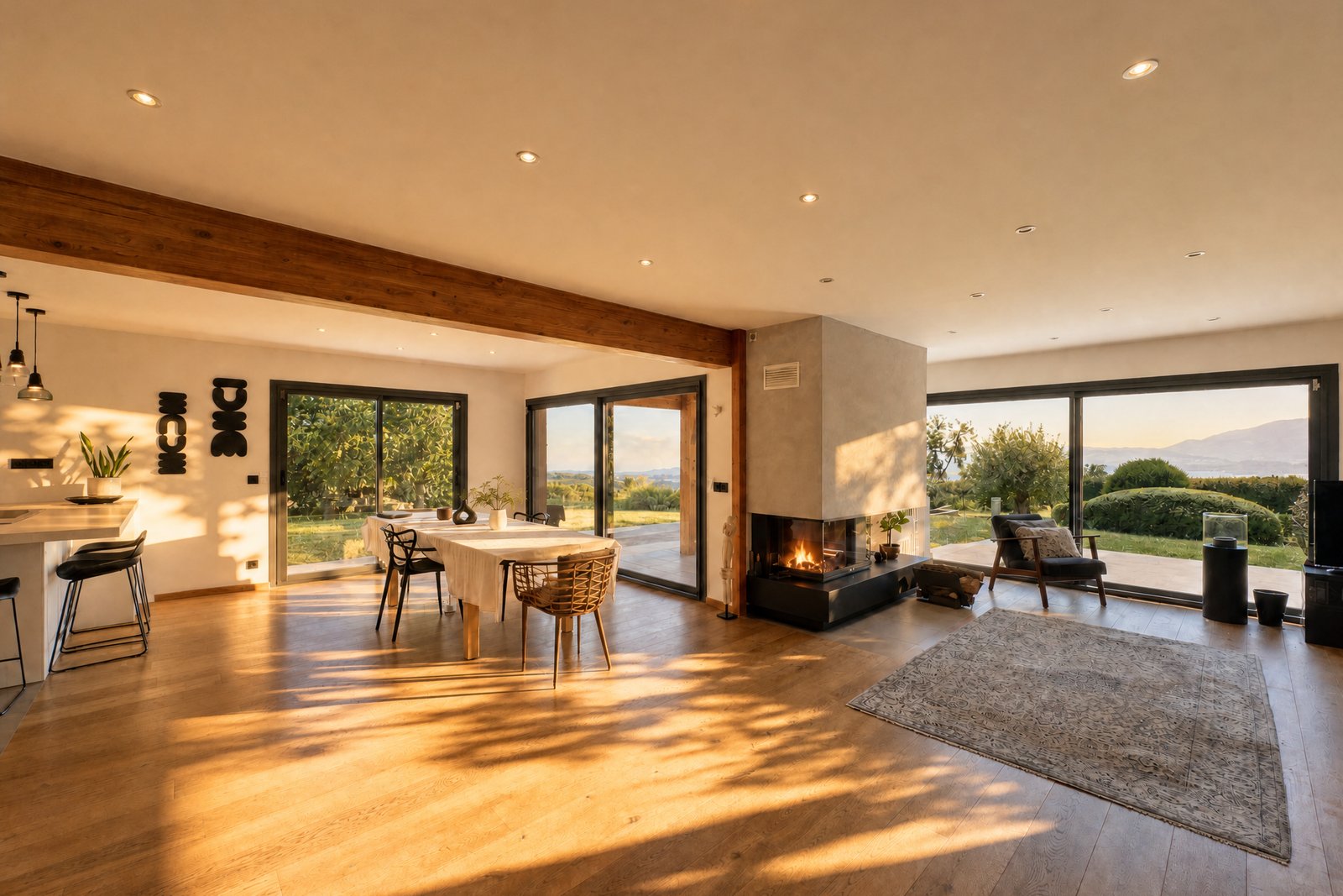 Le même séjour en lumière dorée de fin d'après-midi, soleil rasant sur le parquet